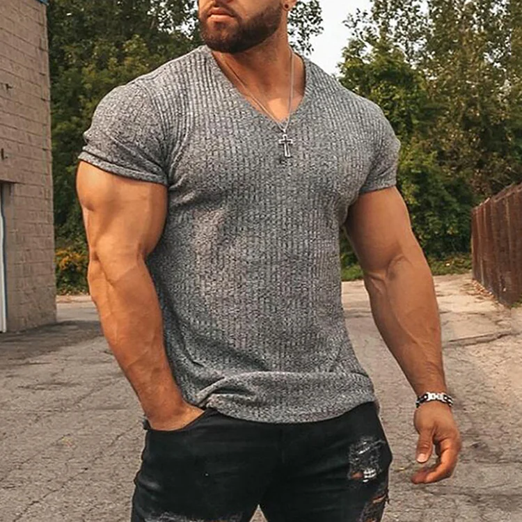 BrosWear Solid Color V-Neck Slim-Fit T-Shirt Grey