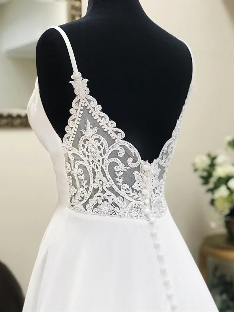 A Line V Neck White Satin Prom Dress with Lace Back V Neck White Simple Lace Wedding Dresses