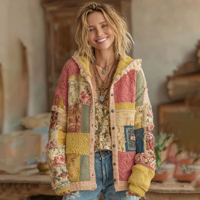 Women's Vintage Patchwork Floral Art Hooded Cardigan