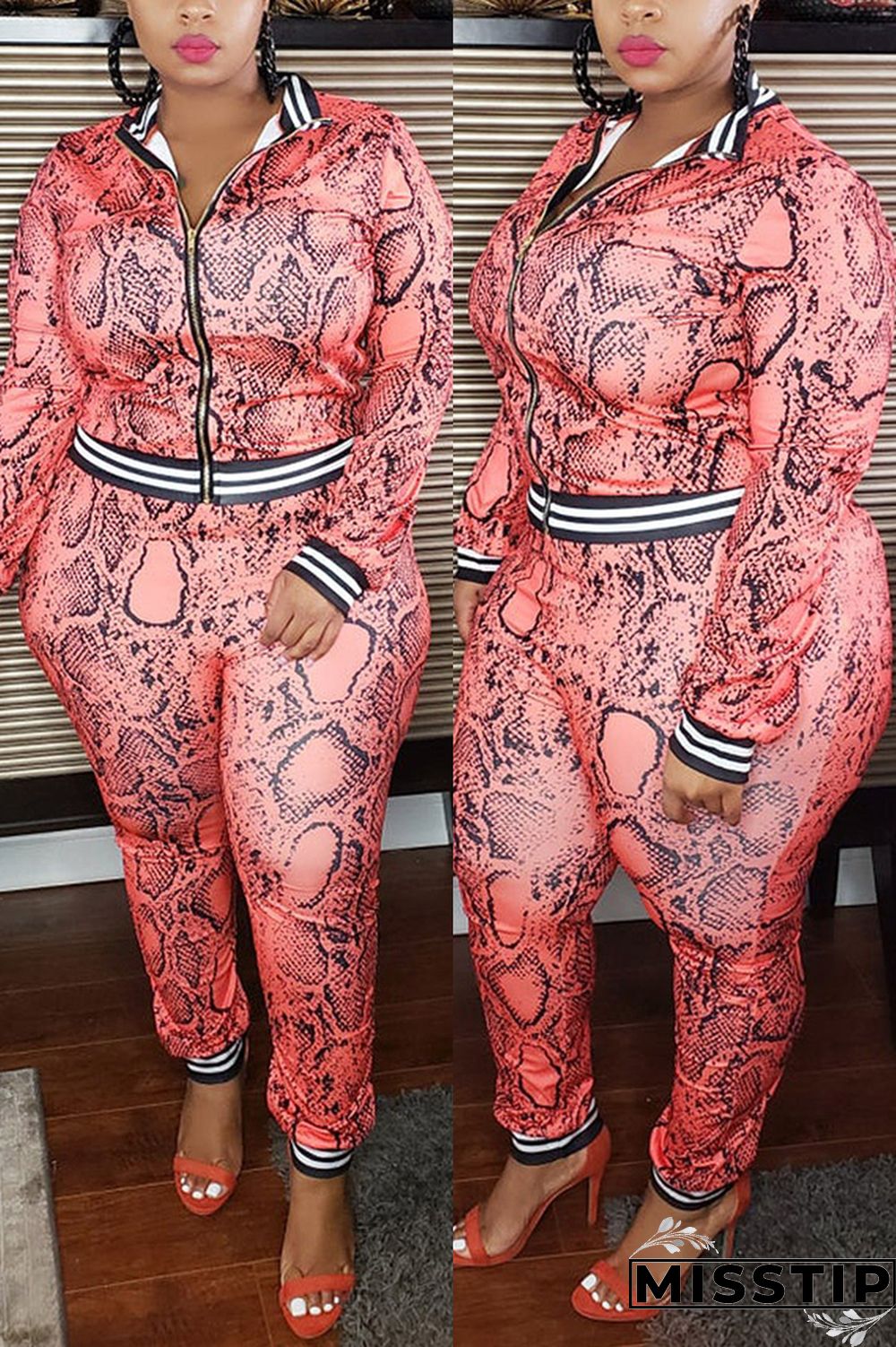 Pink Fashion Casual Zipper Collar Long Sleeve Regular Sleeve Print Plus Size Set Dress