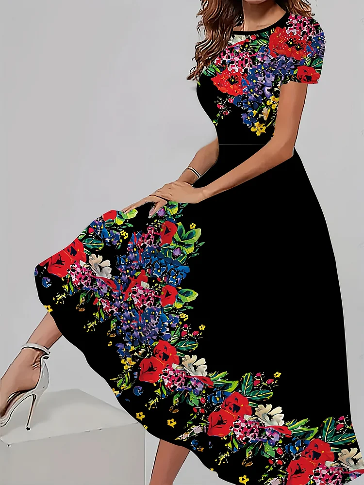 Women's Elegant Short Sleeve A-Line Dress With All-Over Floral Print - Fitted Round Neck, Medium Stretch, Machine Washable For Spring Summer Fall Casual & Semi-Formal Wear, Seasonal Fashion, Middle Eastern Style, Flowy Skirt Style
