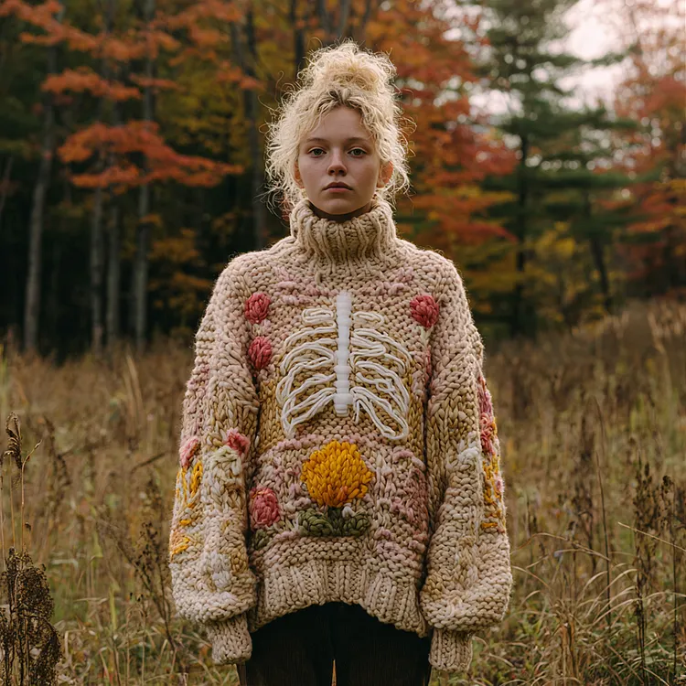 Women's Human Organ And Floral Embroidery Art Turtleneck Knit Sweater