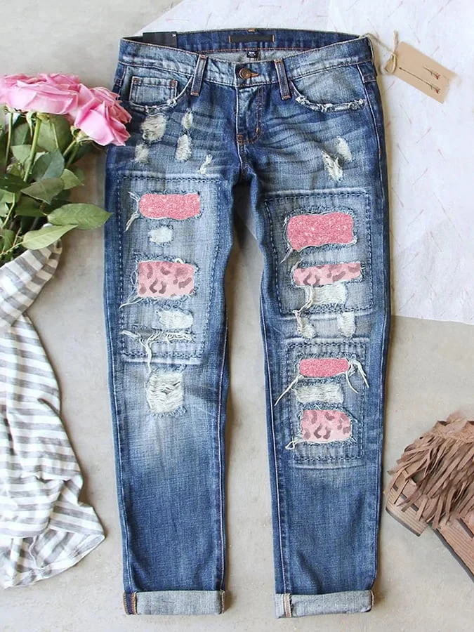 Women&#039;s Ombre Pink Leopard Print Print Straight Jeans