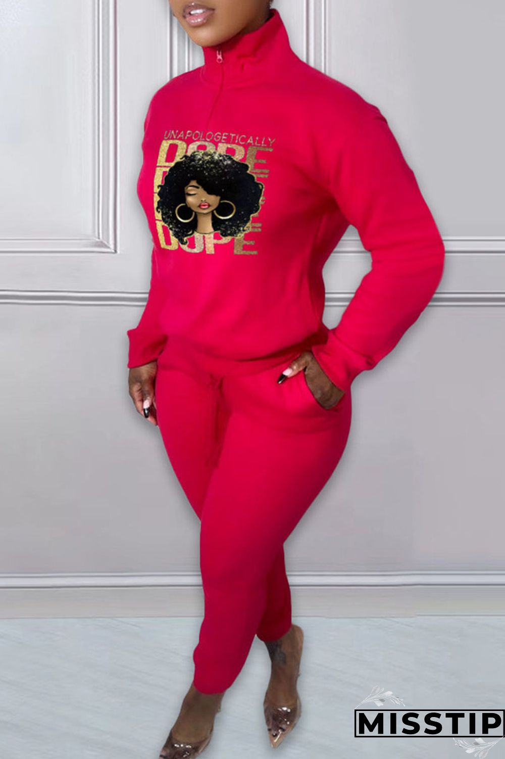 Green Casual Print Patchwork Zipper Collar Long Sleeve Two Pieces