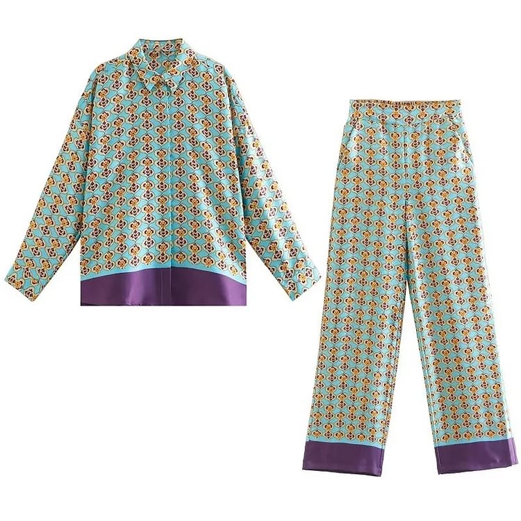 Flaxmaker Geometric Printed Silk Satin Texture Shirt Casual Two Piece Set