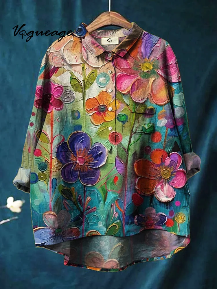 Bright And Gorgeous Oil Painting Flowers Printed Cotton And Linen Shirt