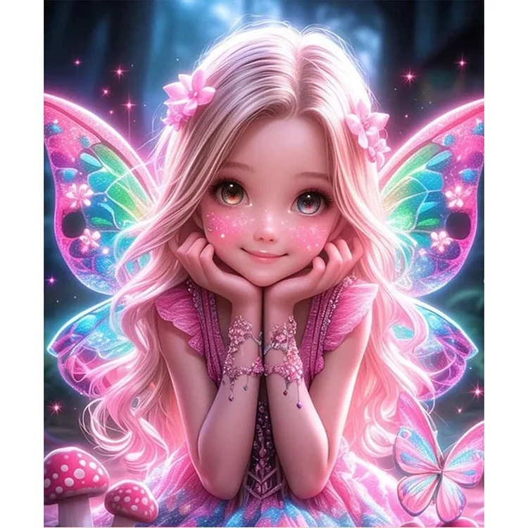 Pink Butterfly Girl 50*60CM (Canvas) Full Round Drill Diamond Painting gbfke