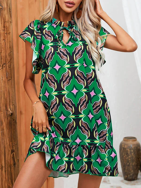 Hollow Pleated Printed Split-Joint Tied A-Line High Waisted Round-Neck Mini Dresses