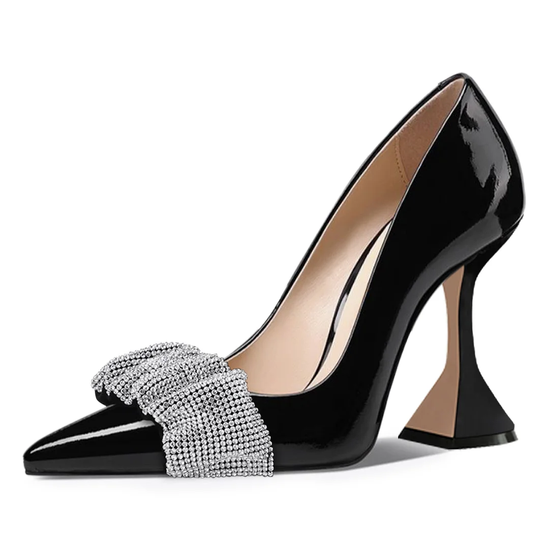 Patent Leather Rhinestone Band Inlay Classy Flared Heel Pumps in Black