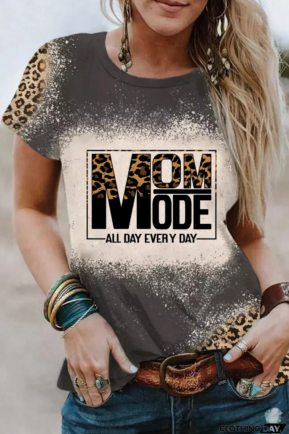 Gray MOM MODE Leopard Bleach Print Vintage Graphic Tee