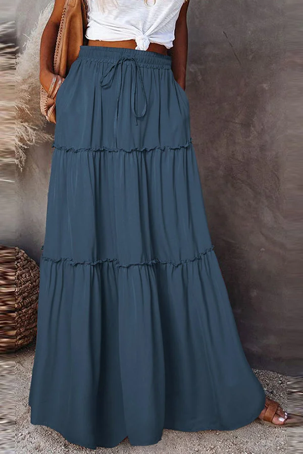Women's pure color knee-length dress with lace casual long skirt