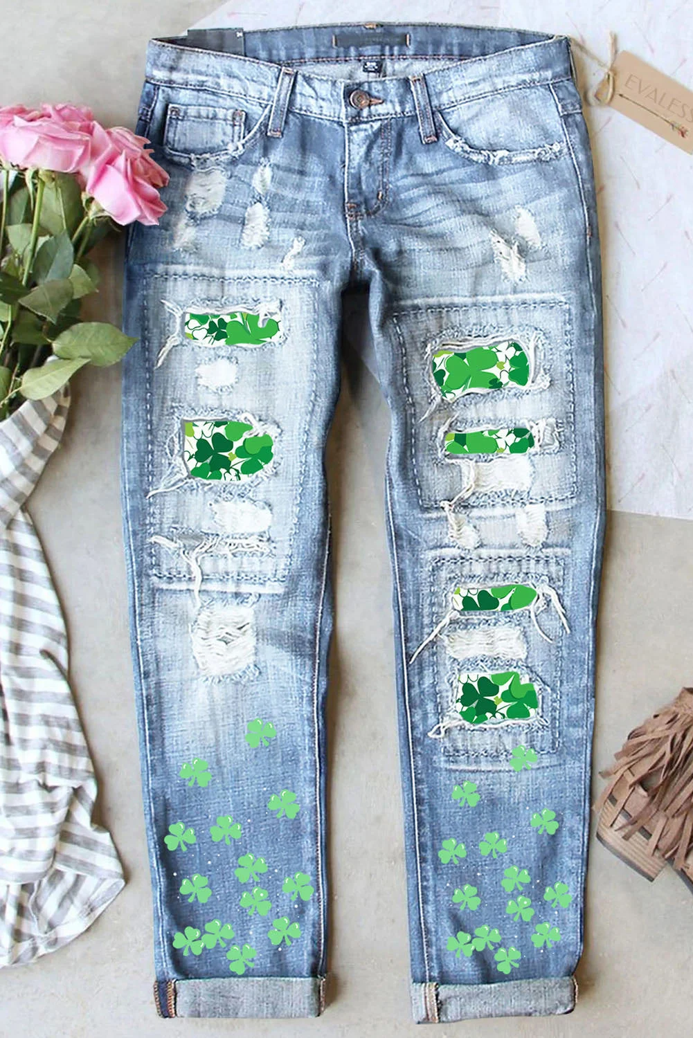 St. Patrick's Day Clover Casual Denim Ripped Jeans