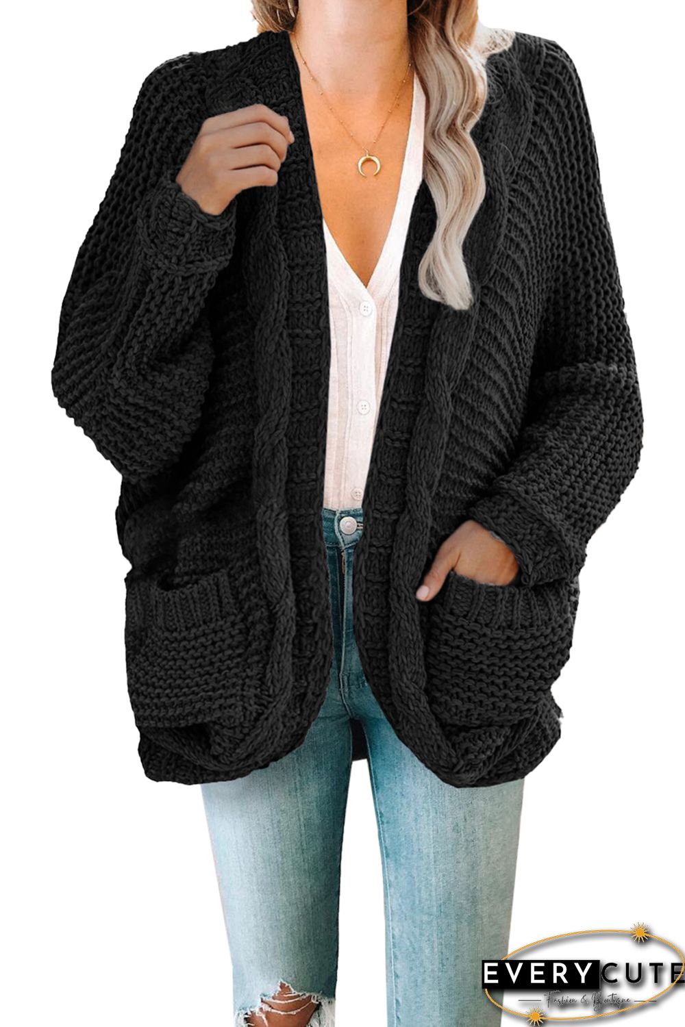 Black Chunky Knit Solid Cardigan with Pocket