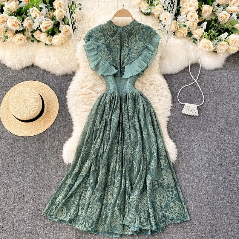 Croysier Dresses For Women 2022 Elegant Office Lady Ruffle Lace Dress Summer Clothes Sleeveless Round Neck Vintage Midi Dress
