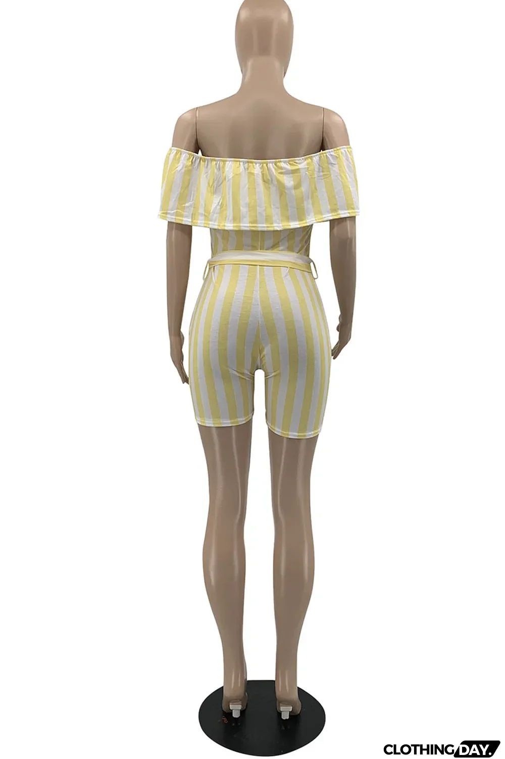 Sky Blue Casual Striped Print Patchwork Flounce Off the Shoulder Straight Jumpsuits