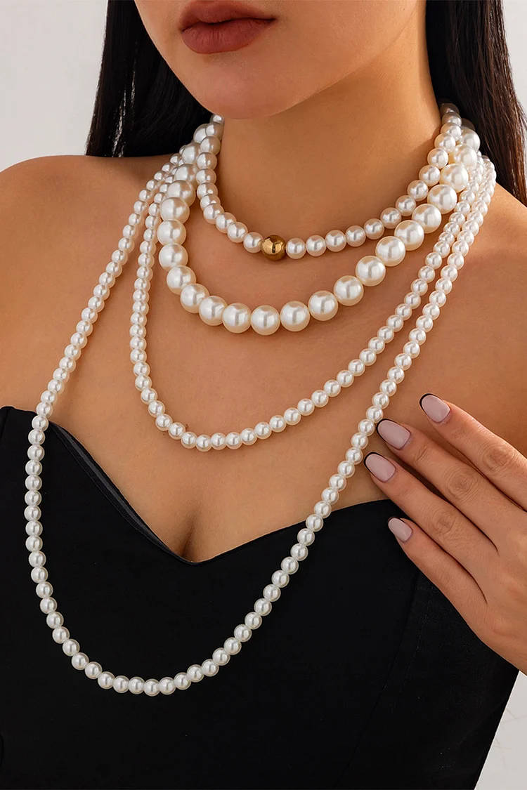 Evening Gold White Multi-Layered Imitation Pearl Beaded Necklace