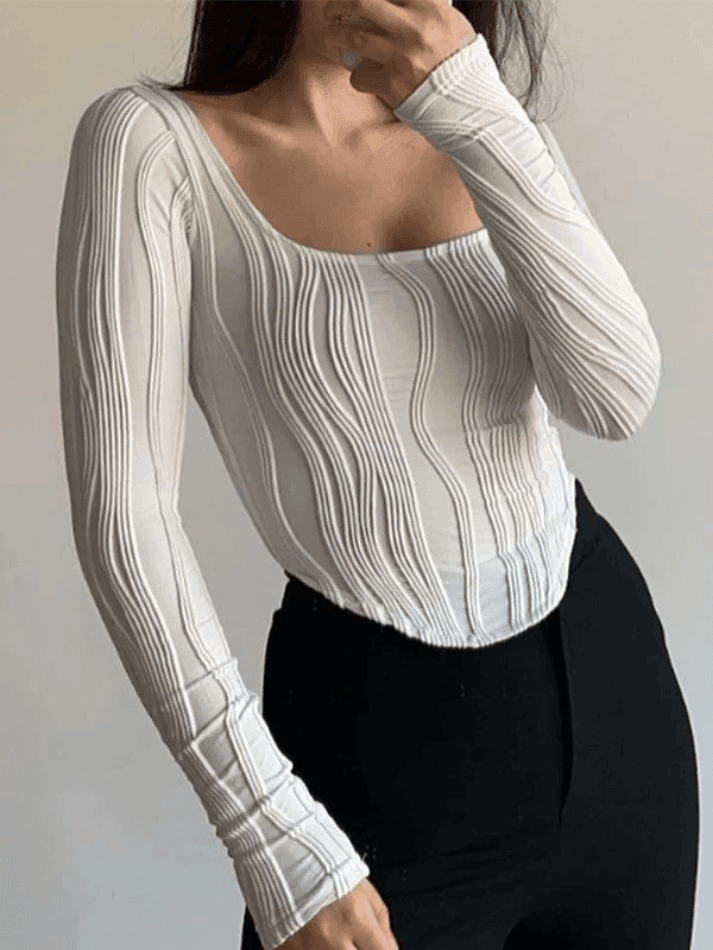 Brownm Asymmetric Creped White Long Sleeve Crop Top