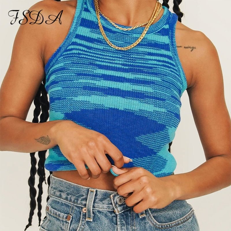 FSDA 2021 Knit Crop Top Women Sleeveless Basic T Shirts Casual Summer Off Shoulder Blue O Neck Tank Top Vintage Fashion