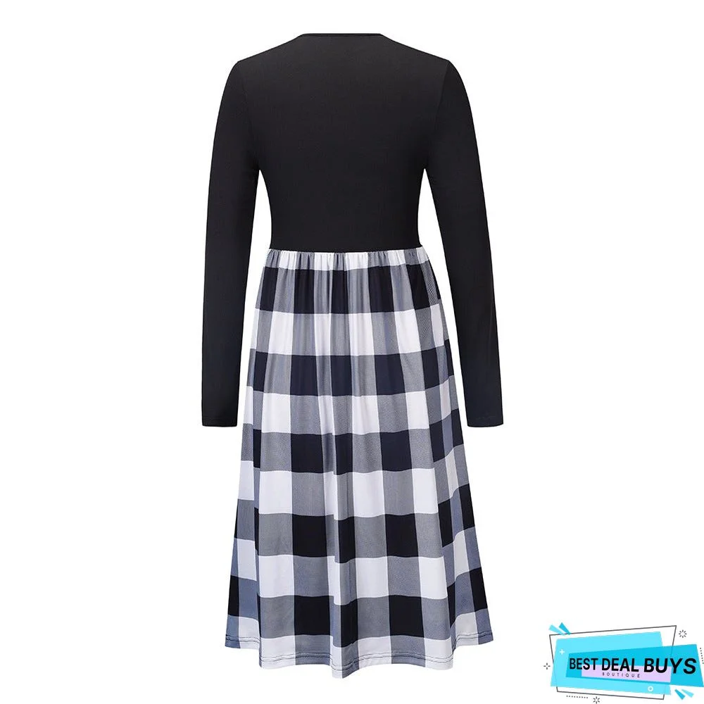 Leopard Stitched Long Sleeve Dress New Knitted Skirt In Autumn and Winter Black Dresses