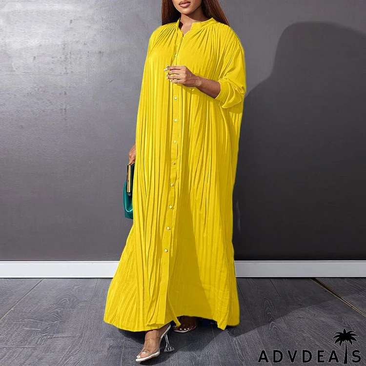 Women Fashion Plus Size Solid Color Loose Casual Creased Maxi Dress