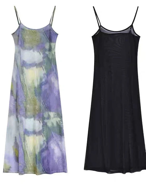 Aiertu Vintage Tie Dye Print Mesh Dress Women Sexy Y2k Spaghetti Strap Maxi Dresses Korean Fashion 2 Piece Set Robe Vestidos Aiertu