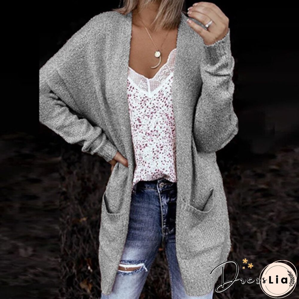 Casual Solid Color Pocket Cardigan Sweater Women Autumn Fashion Long Sleeve Slim Knit Jacket Ladies Commuter Retro Coat New