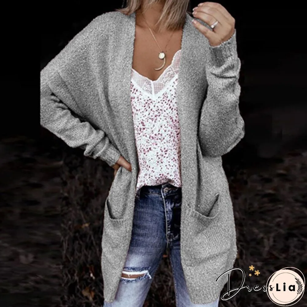 Casual Solid Color Pocket Cardigan Sweater Women Autumn Fashion Long Sleeve Slim Knit Jacket Ladies Commuter Retro Coat New