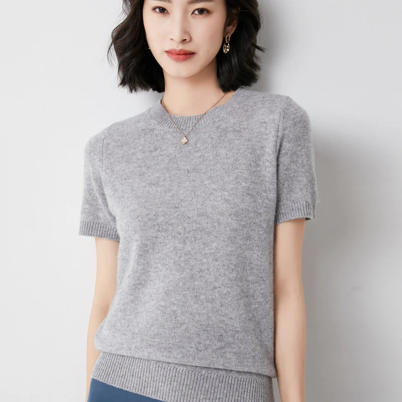 Churchf Churchf Female Round Collar Loose T-Shirt Inside Build Sweater Spring Autumn Base Outside Wear Short Sleeve Hair