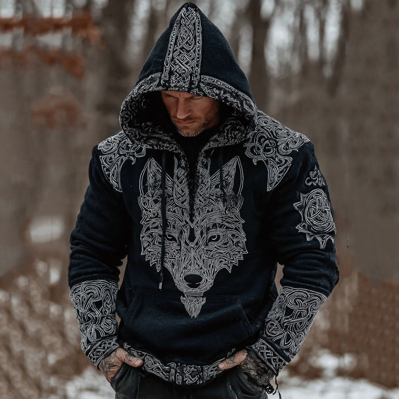 Men's Viking Celtic Wolf Art Cozy Hooded elevenforest