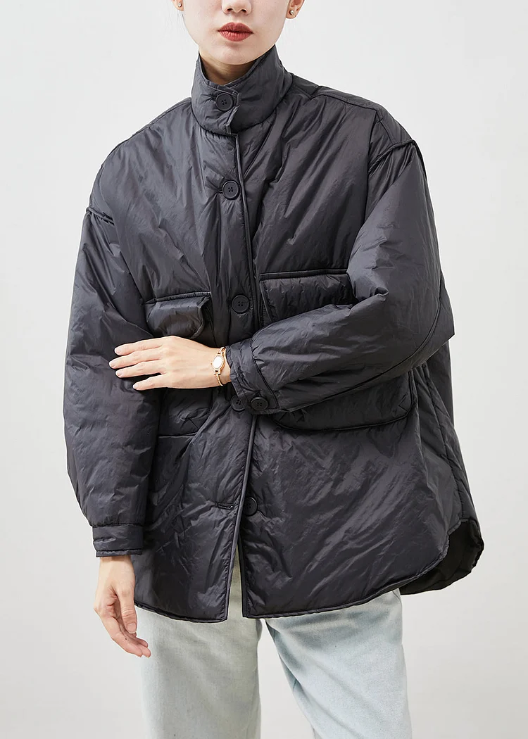 Black Fine Cotton Filled Puffers Jackets Stand Collar Pockets Winter