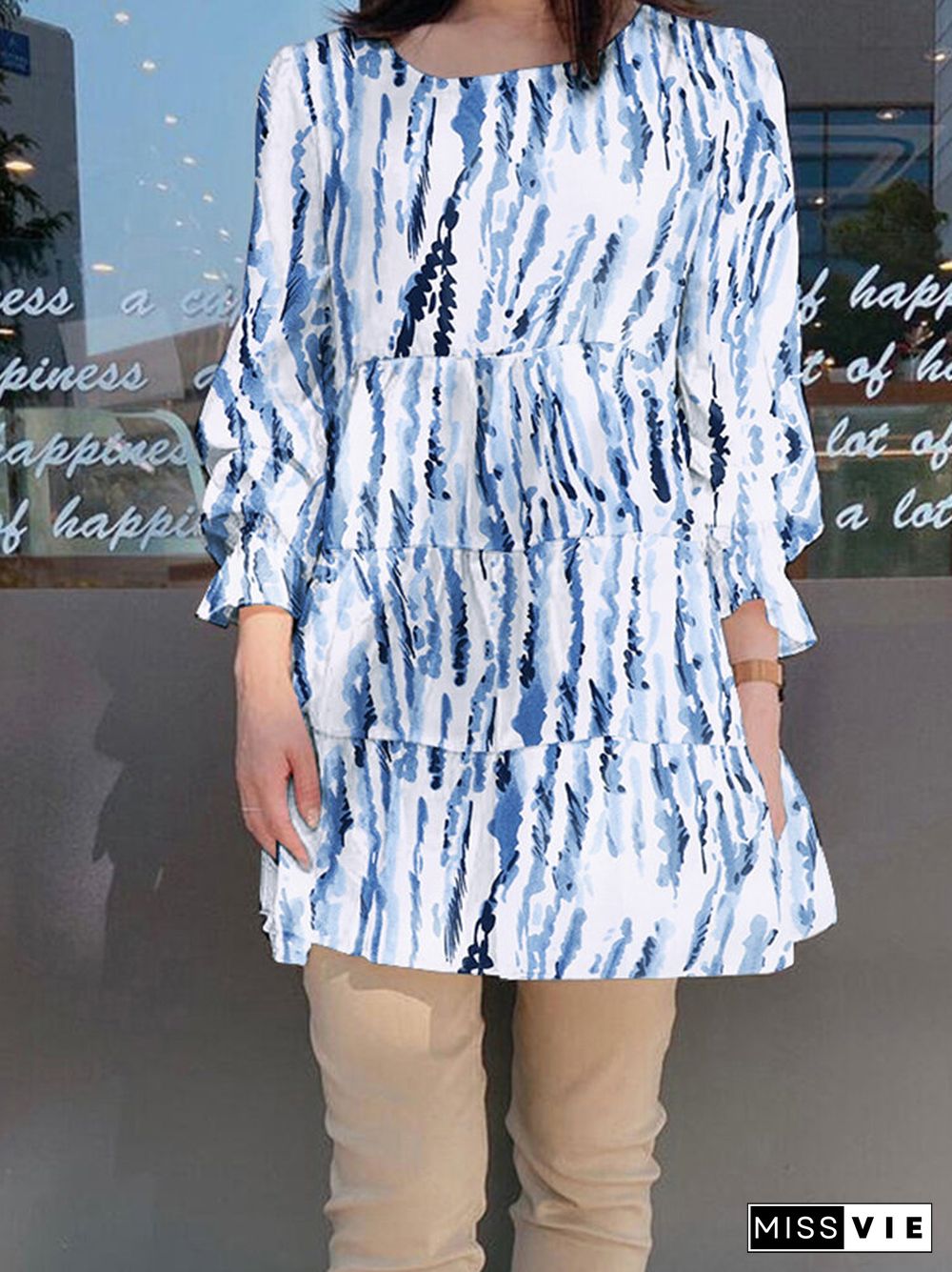 Stripe Round Neck Ruffle Long Sleeve Blouse