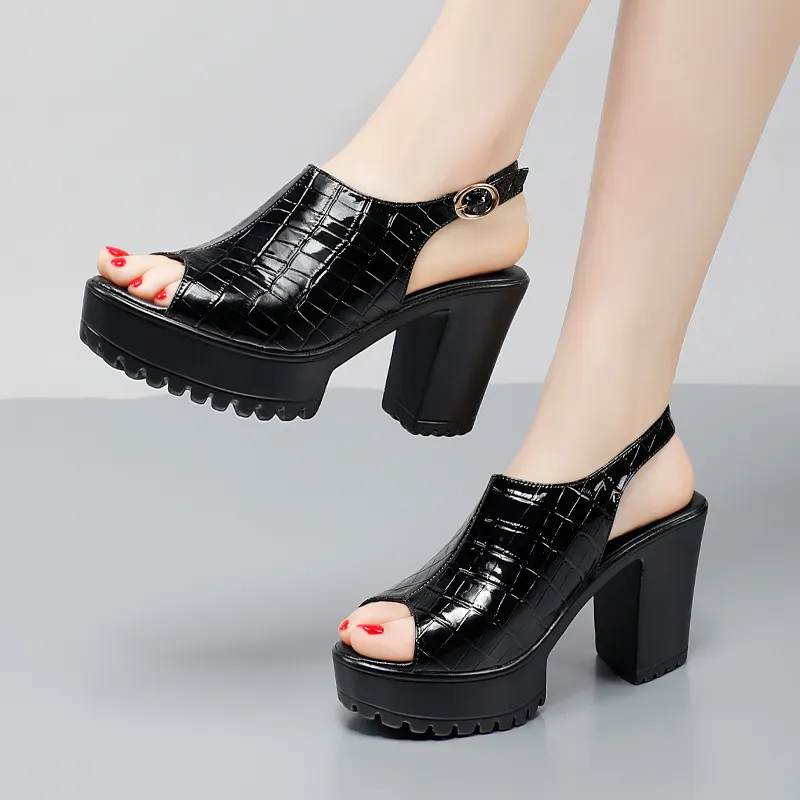 Breakj Breakj Mouth Patent Leather Crocodile High Heel Sandals Summer White Wedding Shoes Waterproof Table Thick Cheongsam Walking Shoes Coarse Heel Women's Shoes