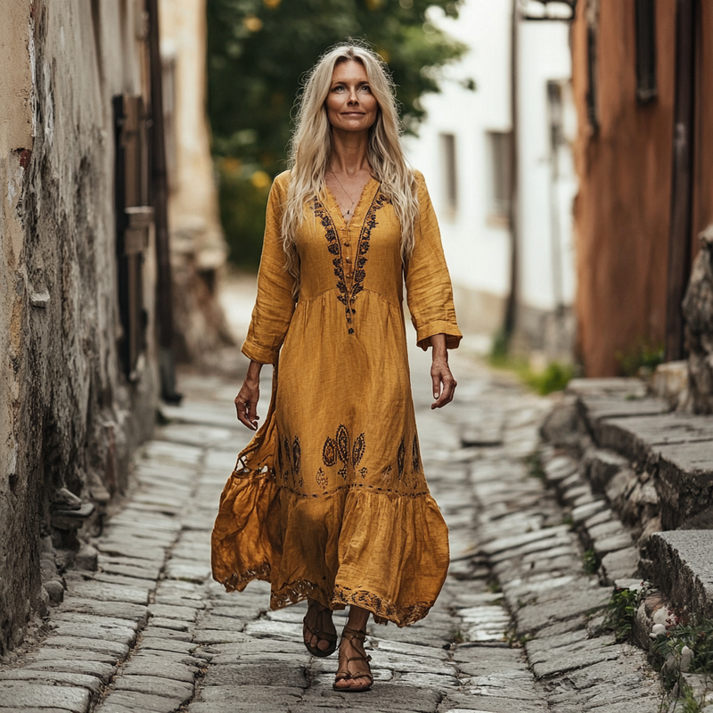 Ethnic Embroidery Vintage Casual Linen Dress 7f2c