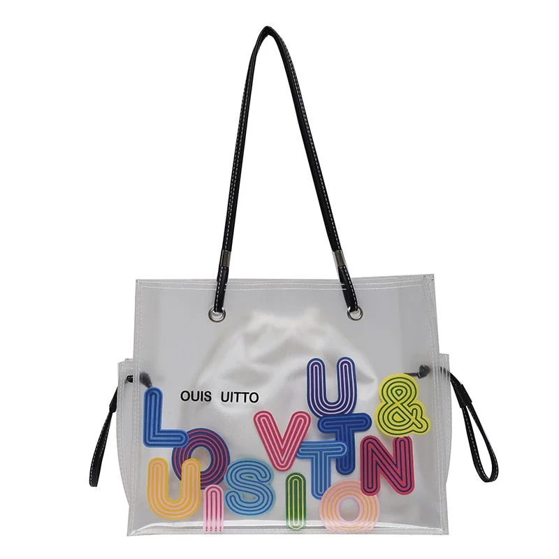 Transparent Jelly 2pcs Women's Bag 2022 Trend Summer Shoulder Handbag Beach Large-capacity Shopping Letter Graffiti Tote Purse