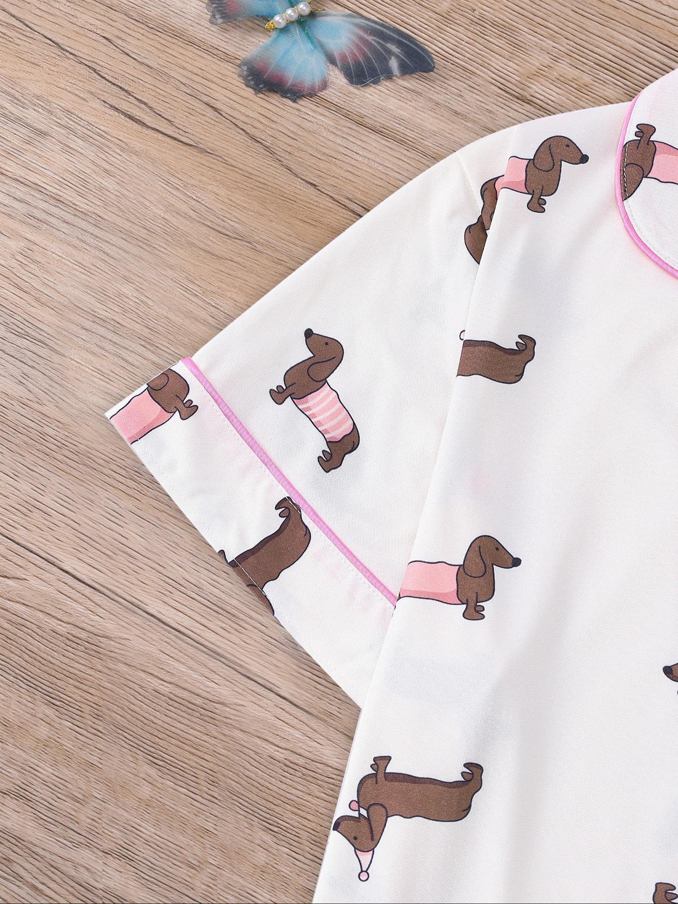 Women's All Over Dachshund Print Shirt & Elastic Waist Shorts Pyjama Two-piece Set, Casual Comfy Short Sleeve Collared Top & Shorts PJ Set, Ladies Sleepwear for All Seasons, Loungewear, Pajama Set, Pajamas