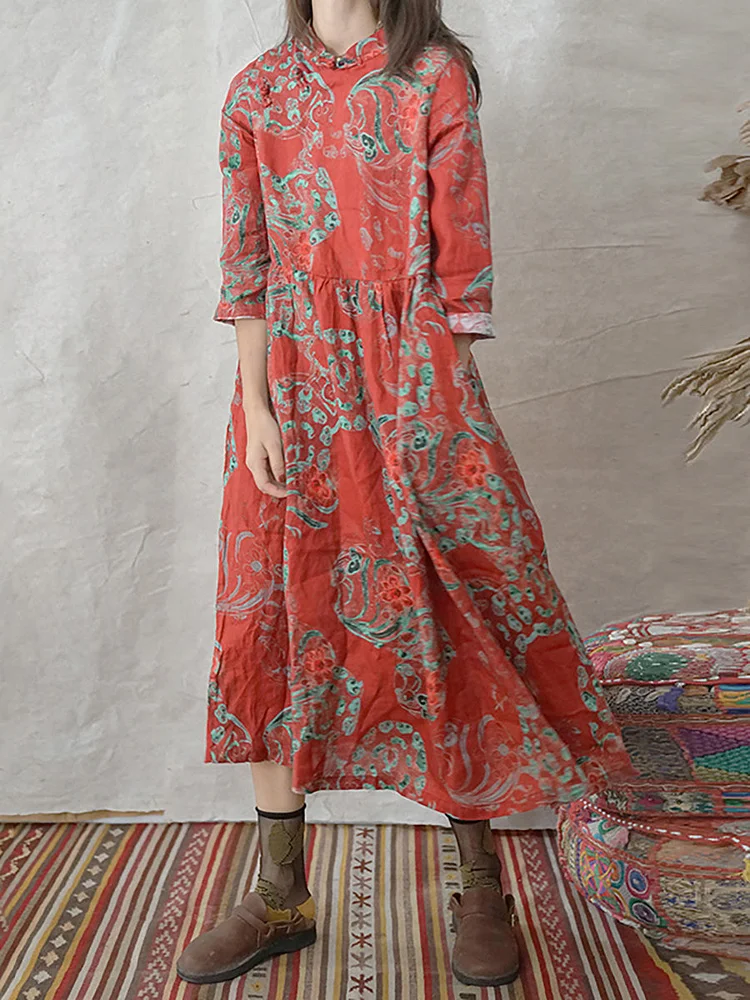 Plus Size Women Linen Vintage Stamped Floral Dress