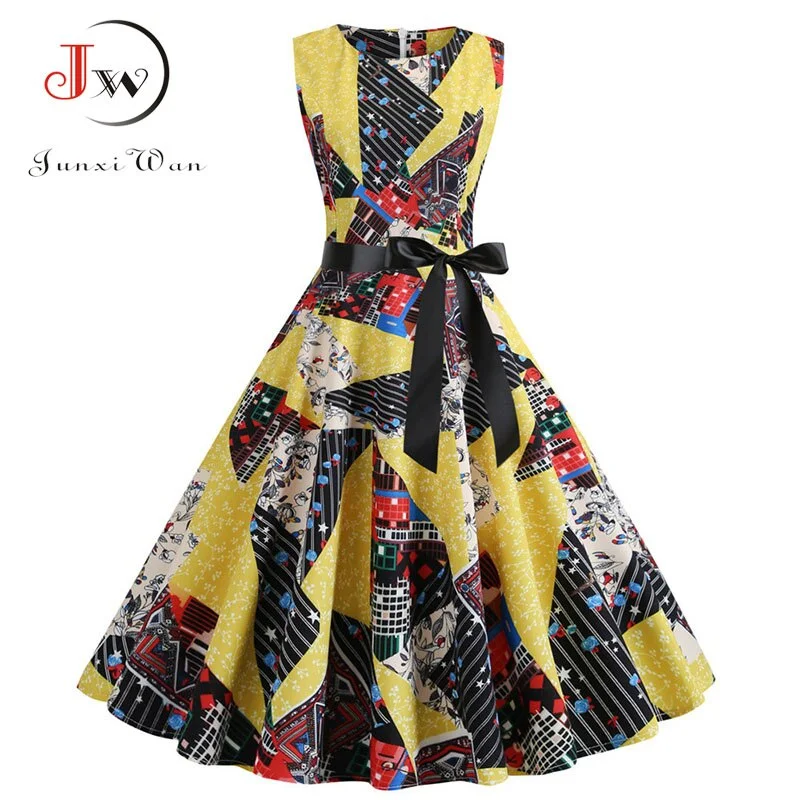White Floral Print Women Summer Dress Sleeveless Elegant Vintage Party with Belt 50s 60s Robe Femme Casual Midi Dress