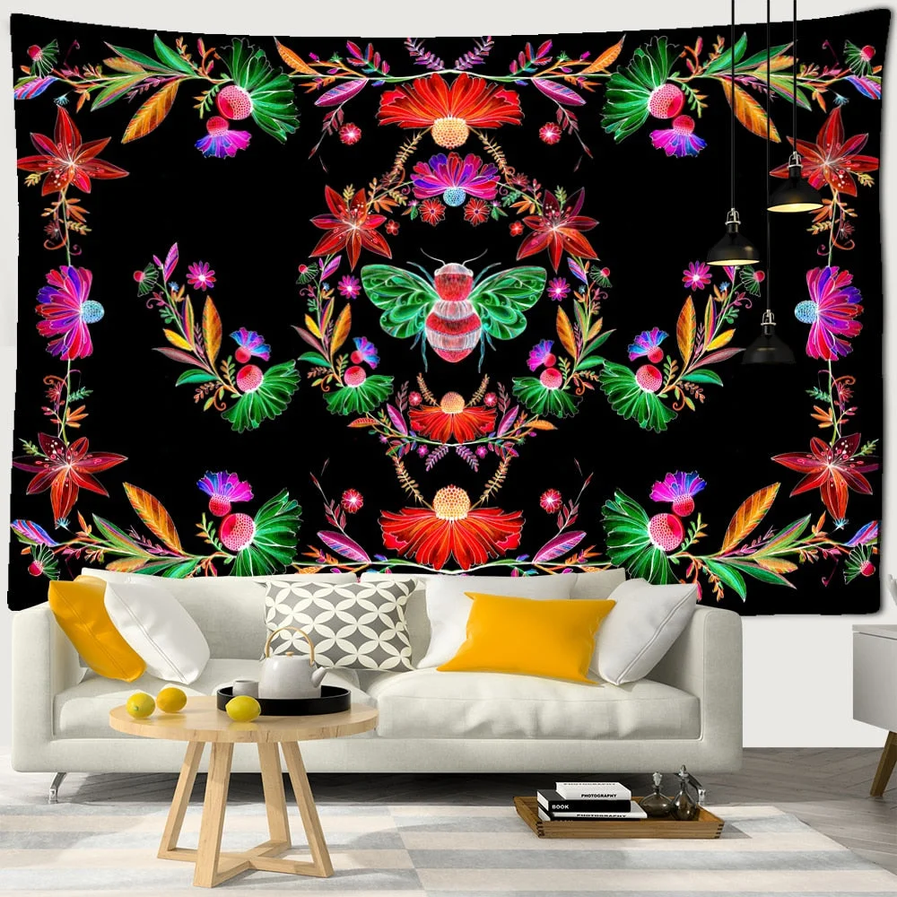 Plants Honeybee Tapestry Wall Hanging Bohemian Beach Mat Polyester Blanket Yoga Mat Home Bedroom Art Decor Custom Psychedelic
