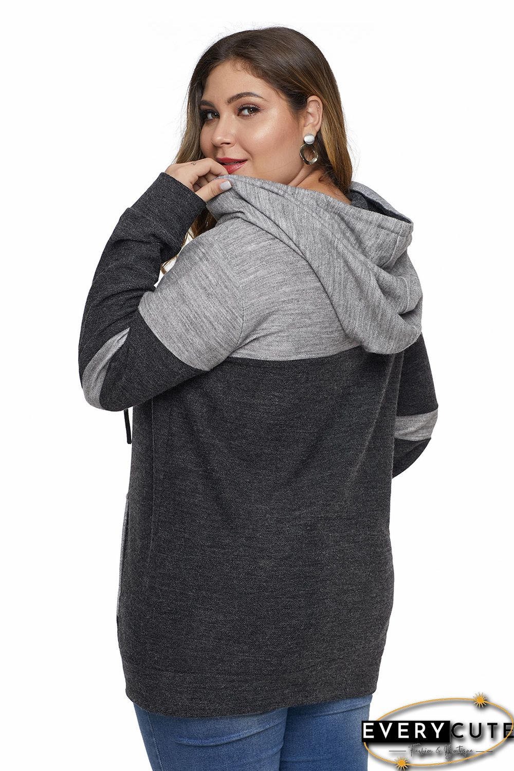 Black Color Block Pullover Plus Size Hoodie with Pocket