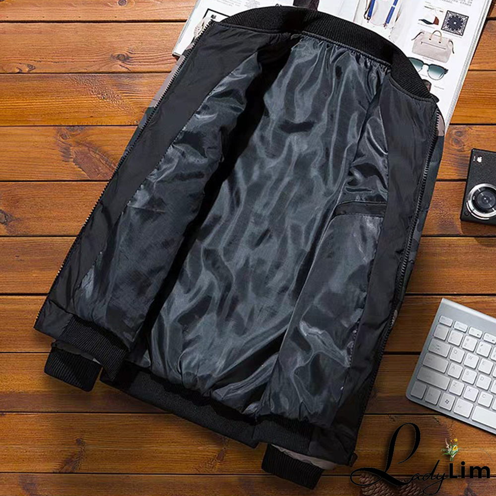 Grey Fashion Street Camouflage Print Split Joint Zipper Mandarin Collar Outerwear