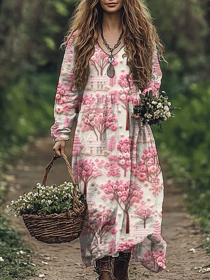 Women's Retro  Embroidery Floral Art Print Pocket Cotton Dress