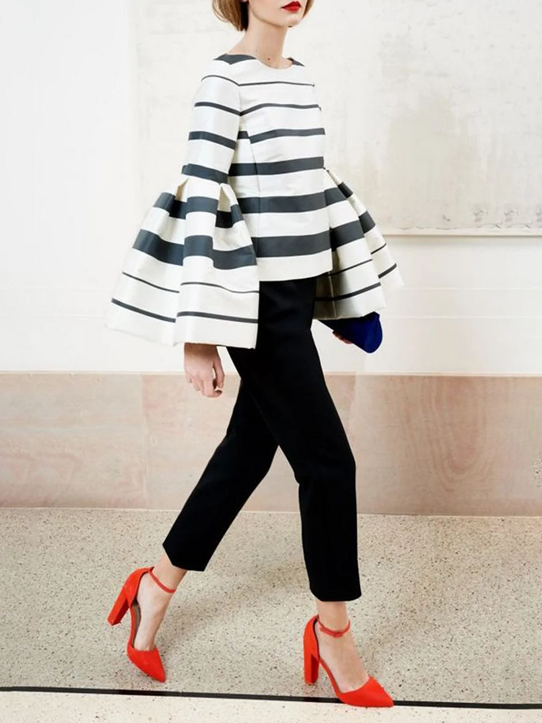 Frill Sleeve Sheath Striped Statement Top