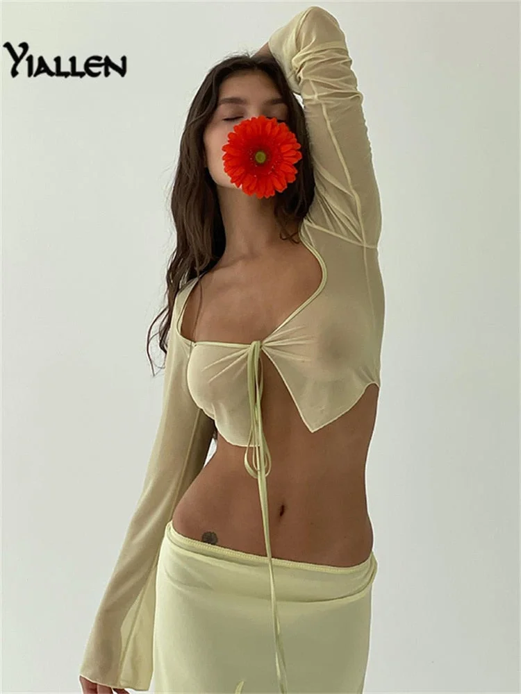 Yiallen Summer Elegant Mesh See Through Hot Sexy Tops and Blouses Women 2022 New Shirts Blouse Flare Sleeve Tie Up Tops Clothes