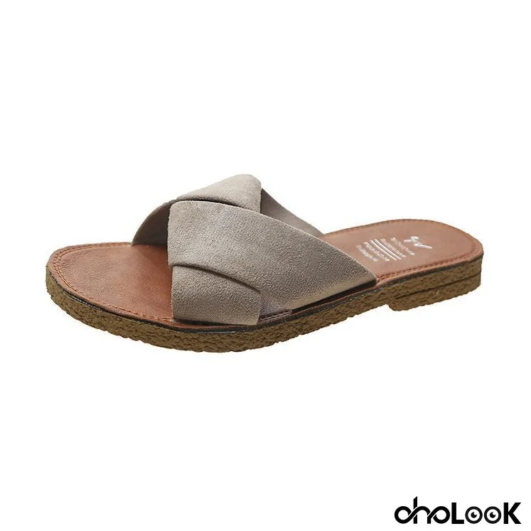 Summer Outerwear Flat Bottomed Cross Over Women's Slippers with One Line Suede Surface