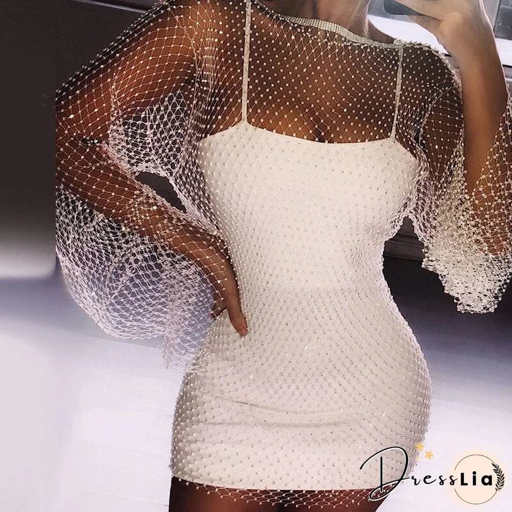 Sexy Diamond Mesh Dress Women Quick Connect Y2k Dress Women's Fashion Pop Mesh Diamond Round Neck Dress Vestidos