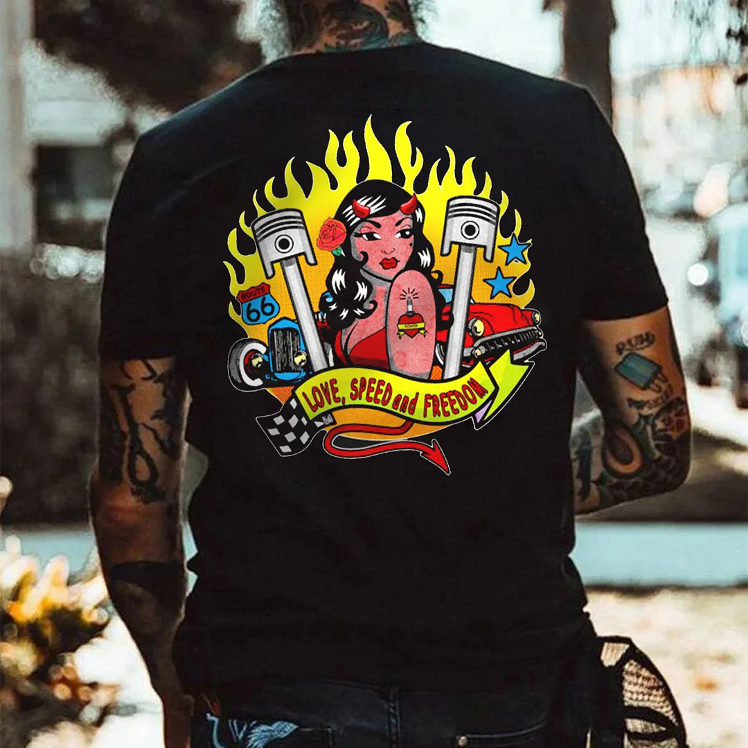 LOVE SPEED AND FREEDOM Sexy Lady Classic Car Print Men's T-shirt
