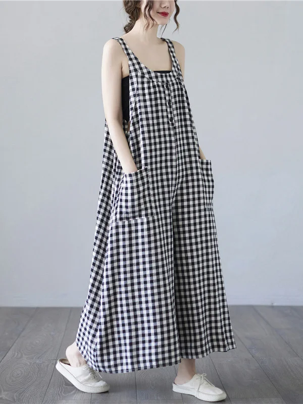 Original Simple Casual Artistic Retro Plaid Wide Legs Jumpsuits