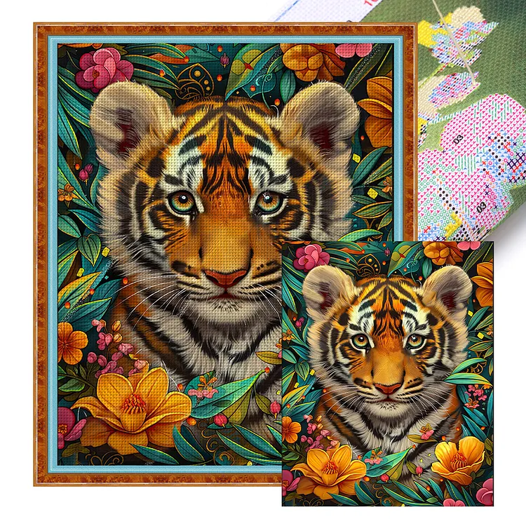 Flowers, Grass And Tigers (50*60cm) 16CT Stamped Cross Stitch gbfke