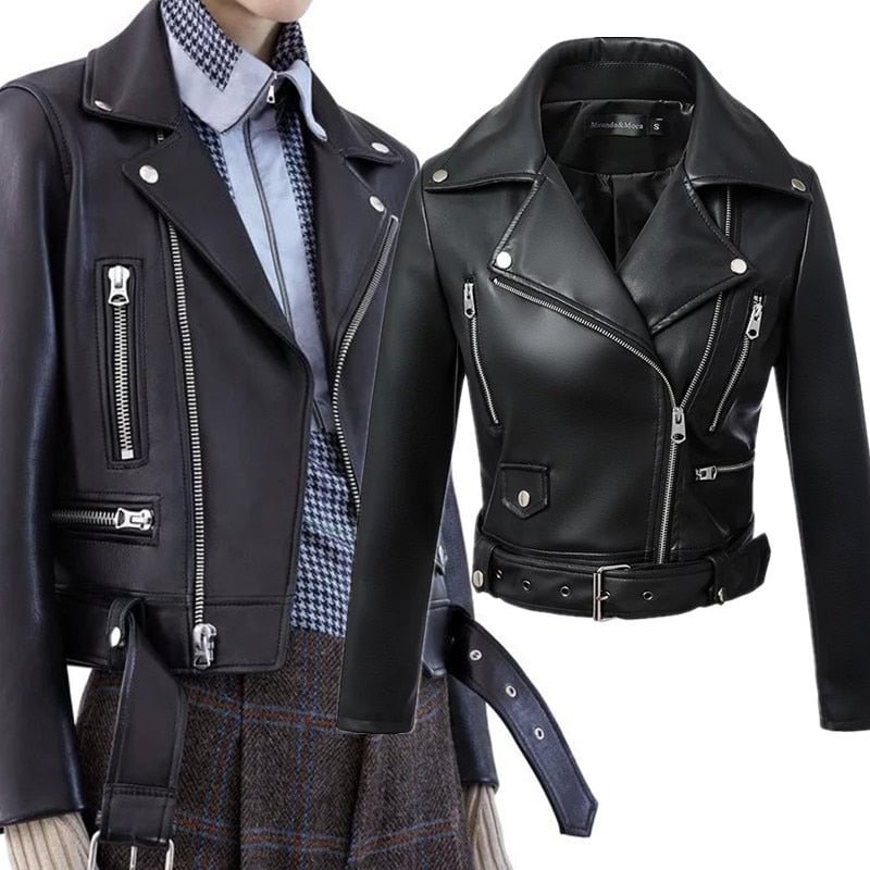 Ailegogo New Women Black Faux Leather Jacket Autumn Winter Short Soft Pu Leather Jackets Belt Zipper Moto Biker Coat