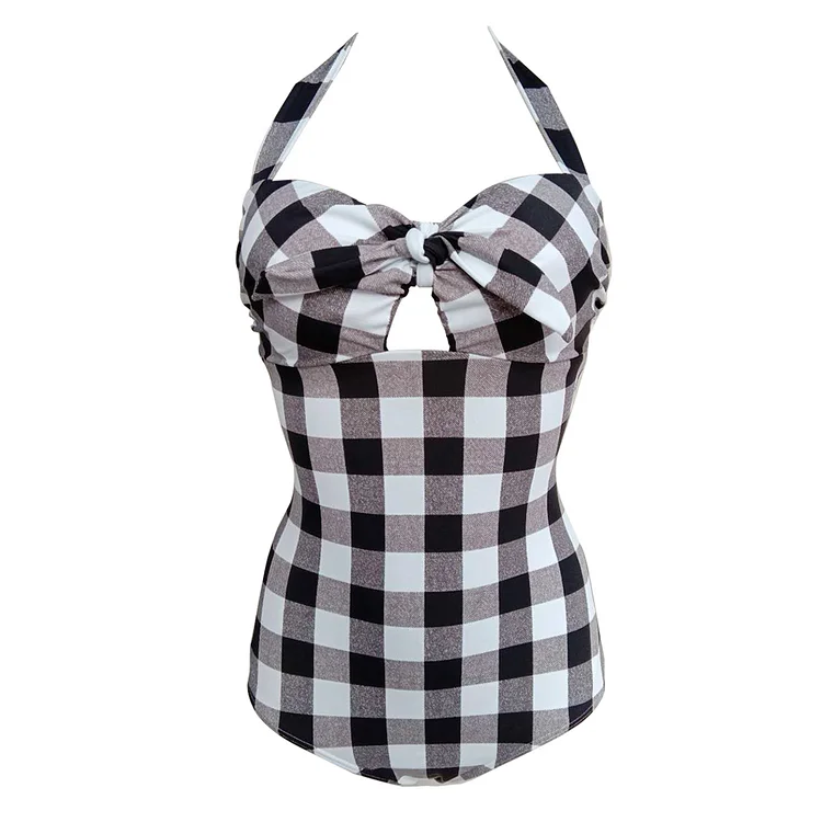 1950s Black Vacation Hollow Out Halter Plaid One Piece Swimsuit